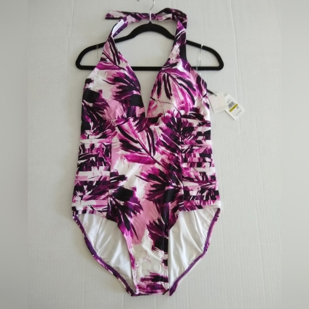 Calvin Klein One Piece Purple and White Tropical Swimsuit with Side Ruching Sz14